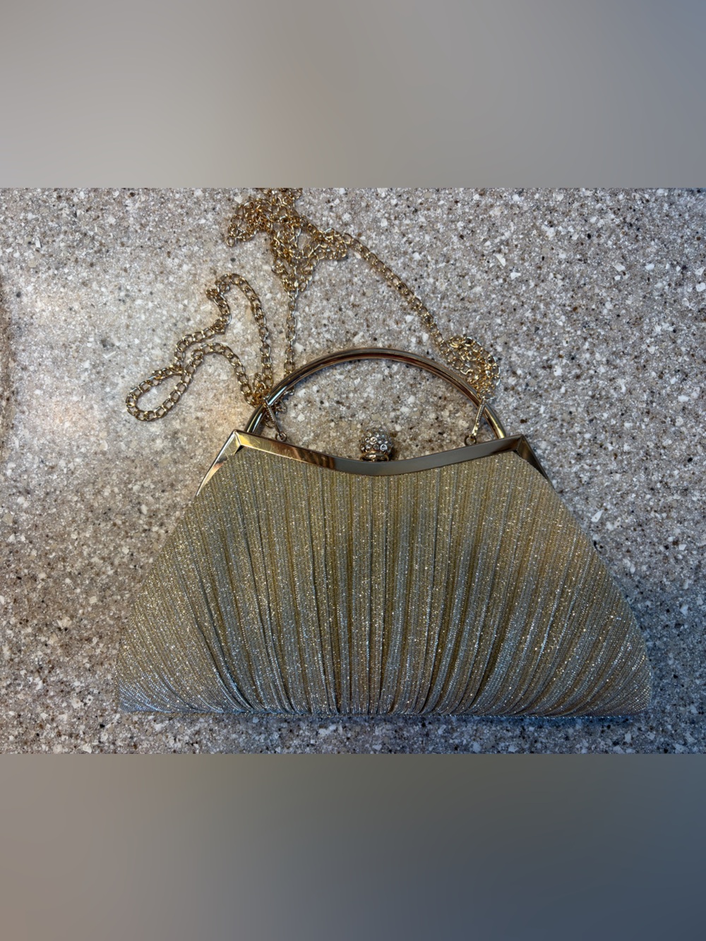 Stunning Gold Pleated Evening Clutch Bag with Ring Handle & Chain EUC